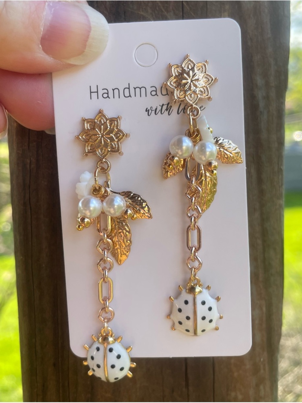 Gold Floral Pearl Drop Earrings with White Polka Dot Ladybug - Picture 8 of 11